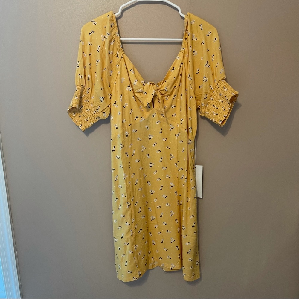 Yellow Floral Tie Front Puff Sleeve Mini Dress